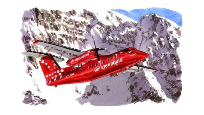 An illustration of a red plane in the air with snowy mountains in the background