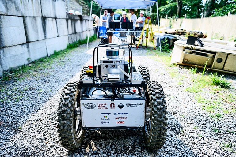 The image shows the robot outside the test mine in Pennsylvania.