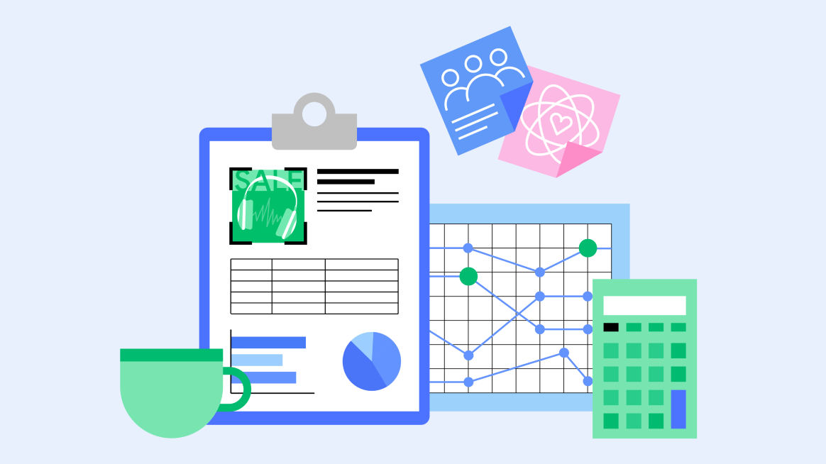 A clipboard showing an advertising campaign report, a line graph chart, a calculator and coffee mug