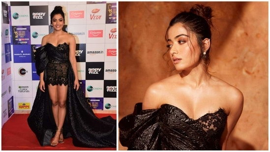 Rashmika Mandanna was among the most glamorous celebrities at the event in a black sheer outfit with a long train. She won an award for her debut Bollywood film Goodbye. (Varinder Chawla)