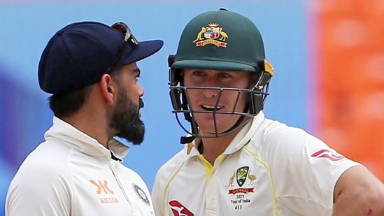 India's Virat Kohli interacts with Australia's Marnus Labuschagne and Travis Head during the fifth day of the 4th Test (ANI)