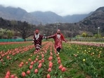 The Indira Gandhi Tulip Garden, Asia's largest tulip garden, ensconced between Dal Lake and the Zabarwan hills in Srinagar opened to the public on Sunday. (ANI)