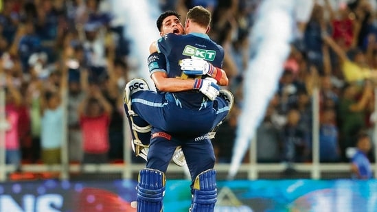 Shubman Gill and David Miller of Gujarat Titans celebrate win during the final of the TATA Indian Premier League 2022.(Saikat Das / Sportzpics for IPL)