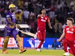 Sam Curran of Punjab Kings with teammates celebrates the wicket of Kolkata Knight Riders batter Andre Russel during IPL 2023(PTI)