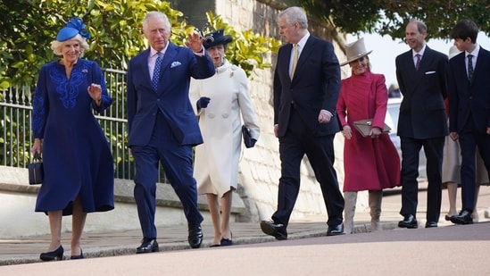 King Charles III and Queen Consort Camilla joined other royals for Easter Mattins Service at Windsor Castle's St George's Chapel in England on Sunday.(AP)