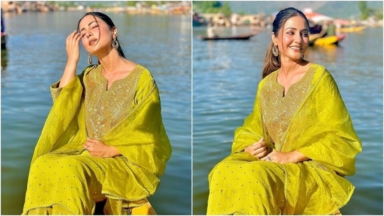 Hina Khan recently travelled to Kashmir to unwind and relax while holidaying in the valley. The star has been posting pictures and videos from her time in the scenic location. Hina's latest post shows her enjoying a Shikara ride on the Dal Lake, dressed in a lemon yellow-coloured embroidered suit set. Keep scrolling to see all the pictures. (Instagram)