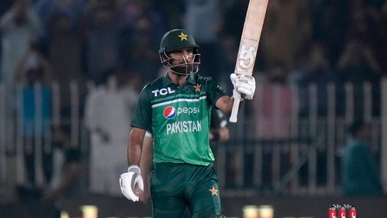 Pakistan's Fakhar Zaman celebrates after scoring 150 runs during the second one-day international cricket match between Pakistan and New Zealand, in Rawalpindi, Pakistan, Saturday, April 29, 2023. AP/PTI(AP04_30_2023_000007A)(AP)