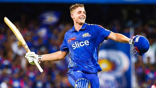 Mumbai Indians' Cameron Green celebrates his century in a match against Sunrisers Hyderabad in the Indian Premier League 2023(Mumbai Indians Twiiter)