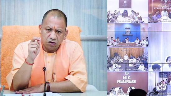 Uttar Pradesh chief minister Yogi Adityanath at a review meeting held through video conference. (HT Photo)