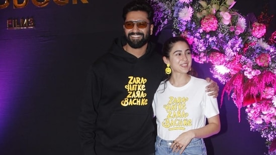 Sara Ali Khan and Vicky Kaushal were all smiles as they posed for photos at the success party of their film Zara Hatke Zara Bachke. They also wore special T-shirts with Zara Hatke Zara Bachke written on them. (All pics: Varinder Chawla)