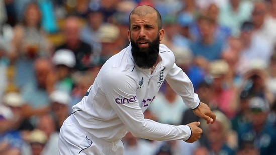 England's Moeen Ali bowls during play on day two of the first Ashes cricket Test match between England and Australia (AFP)