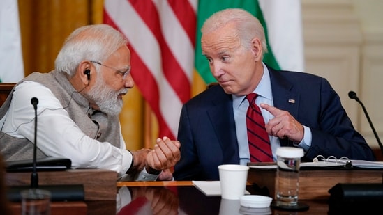 US President Joe Biden speaks with Prime Minister Narendra Modi and American and Indian business leaders in the East Room of the White House, Friday.&nbsp;(AP)