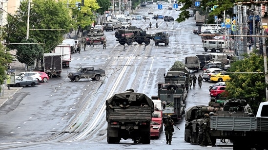 Fighters of Wagner private mercenary group are deployed in a street near the headquarters of the Southern Military District in the city of Rostov-on-Don, Russia. The group is headed towards Moscow and has already claimed control of two key Russian cities.(REUTERS)