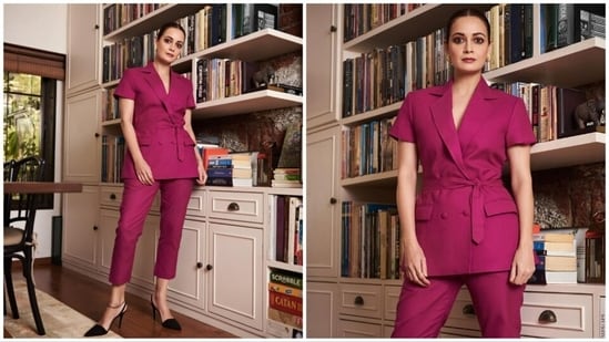 Dia Mirza, who is known for promoting sustainable clothing labels, recently adorned a chic look in a pink pantsuit from Kamal Haasan's fashion label.  (Instagram/@diamirzaofficial)