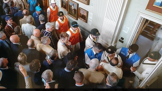 Australian cricketers in an argument with the members inside Lord's Long Room