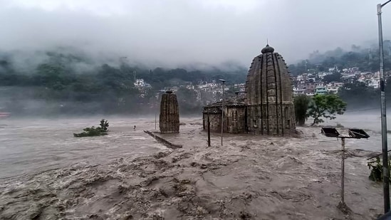 Following heavy rain, flood-like situation is seen in Himachal's Mandi as the Beas river flows above water level. (PTI)