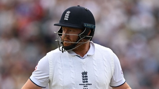 England's Jonny Bairstow reacts as he walks back to the pavilion after losing his wicket for 5 runs on day four of the third Ashes cricket Test match between England and Australia at Headingley(AFP)