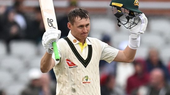 Marnus Labuschagne celebrates after reaching 11th Test century(Cricket Australia)