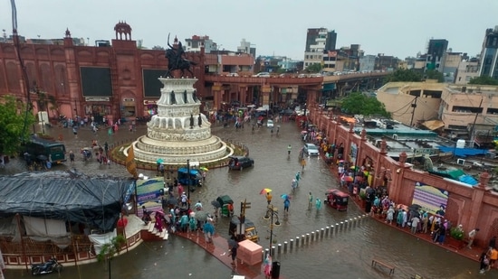 A view of the waterlogged Heritage Street in Amritsar on Saturday.(Sameer Sehgal/ Hindustan Times)