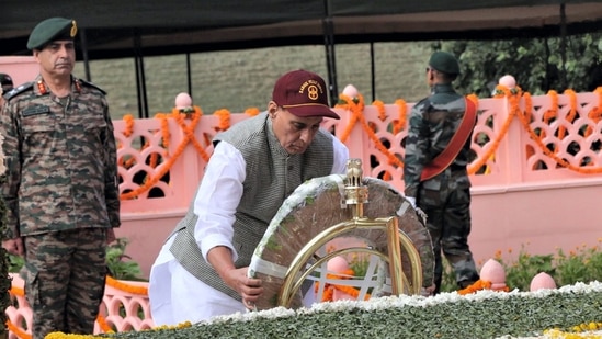 Kargil Vijay Diwas is marked every year to pay homage to the fallen soldiers in the 1999 Kargil conflict with Pakistan. On the occasion of the 24th Anniversary of the Kargil Vijay Diwas which is being observed today, Defence Minister Rajnath Singh, Chief of Defence Staff Gen Anil Chauhan, Army Chief General Manoj Pande, Navy Chief Admiral R Hari Kumar, other top Army Commanders and Lieutenant Governor of Ladakh Brig (Retd) BD Mishra laid wreaths at Kargil War Memorial in Dras, Ladakh. (PTI)