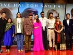 The cast of Rocky Aur Rani Kii Prem Kahaani at the success meet on Thursday. (From left) Karan Johar, Kshitee Jog, Anjali Anand, Dharmendra, Alia Bhatt, Ranveer Singh, Tota Roy Choudhury, Churni Ganguly, Apoorva Mehta and Ajit Andhare pose together.(Varinder Chawla)