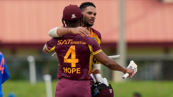 Brandon King and Shai Hope embrace after beating India by 8 wickets in the fifth T20I(AP)