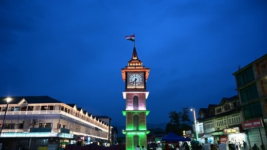 Another view of Clock Tower (Ghanta Ghar) shining in Tricolour lights on Monday evening in Srinagar.&nbsp;(Photo By Waseem Andrabi /Hindustan Times)