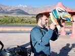 In picture, Rahul Gandhi gears up for the bike ride in Ladakh. The visit, which began on Thursday, was supposed to be for two days but was later extended until August 25.(Instagram/Rahul Gandhi)