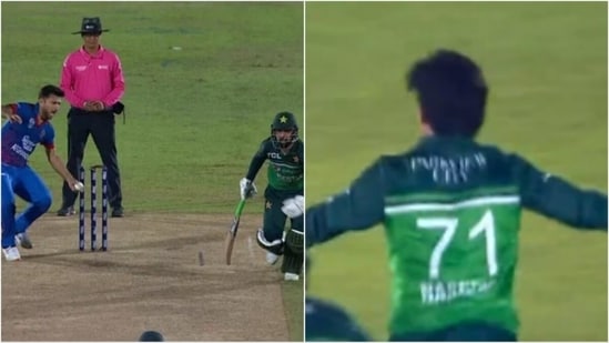 Fazalhaq Farooqi runs Shadab Khan out at non-striker's end; Naseem Shah celebrates after smashing winning runs vs Afghanistan(Twitter)