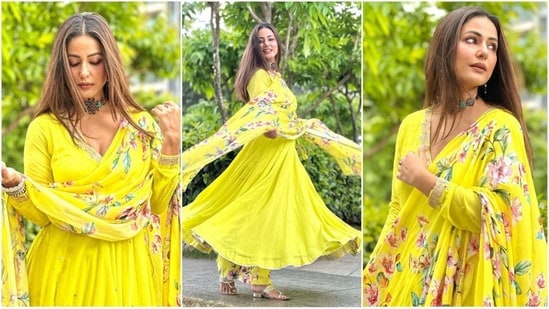 Hina Khan is an absolute stunner who can rock any look to perfection. The actress is quite active on social media and her Instagram feeds are a treasure trove of fashion inspiration for all her followers. Whether it's a sartorial saree or a chic pantsuit, Hina knows how to turn heads. With the festive season just around the corner, the actress gives some major ethnic fashion inspiration in a gorgeous bright yellow anarkali suit.(Instagram/@realhinakhan)