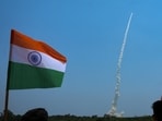 Aditya-L1 on board PSLV-C57 seen in clear skies shortly after its launch in Sriharikota, Saturday.(PTI)
