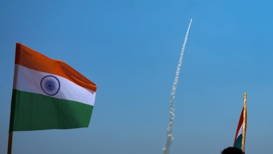 Aditya-L1 on board PSLV-C57 seen in clear skies shortly after its launch in Sriharikota, Saturday.(PTI)