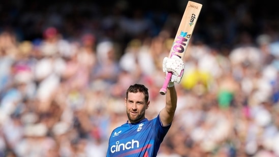 England's Dawid Malan celebrates scoring a century (100 runs) during the ODI vs New Zealand at Lord's(AP)