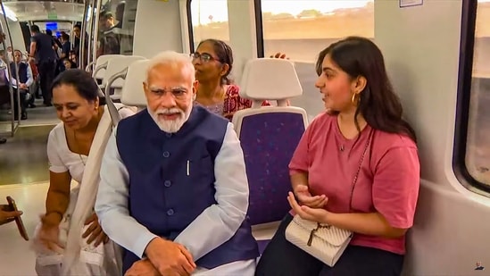 Prime Minister Narendra Modi on Sunday inaugurated the nearly two-km extension of the Delhi Airport Metro Express line from Dwarka Sector 21 to a new metro station ‘YashoBhoomi Dwarka Sector 25.' &nbsp;After the inauguration, he took a ride on the Delhi Metro.&nbsp;&nbsp;(PTI)