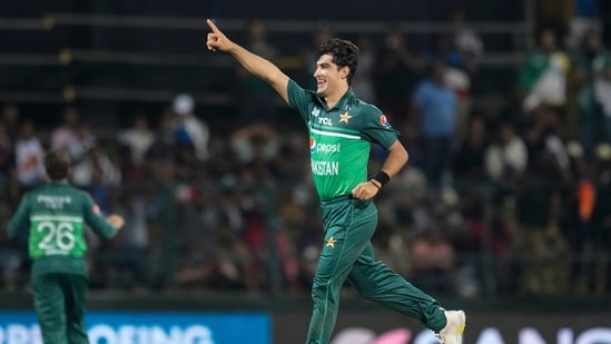 Pakistan's Naseem Shah celebrates taking the wicket of India's Shardul Thakur during the Asia Cup (AP)