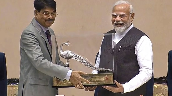 PM Modi gets felicitated during the International Lawyers’ Conference 2023. The conference aims to serve as a platform for meaningful dialogue and discussion on various legal topics of national and international importance, foster the exchange of ideas and experiences, and strengthen international cooperation and understanding of legal issues.&nbsp;(PTI)
