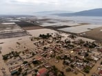 This aerial photograph taken on September 29 shows the flooded village Sotirio after Storm Elias hit the region central Greece. (AFP)