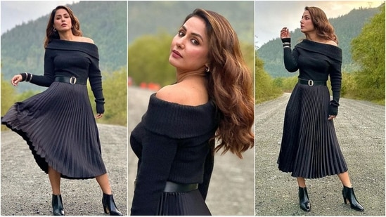 Hina Khan is a total stunner who can pull off any look to perfection. Whether it's a sartorial saree or a chic pantsuit, the actress knows how to slay fashion goals like a pro. Hina is quite active on social media and her Insta-diaries, filled with stylish looks, proved to be a treasure trove of fashion inspiration for all her followers. Her latest look in a black skirt and stylish sweatshirt is no exception and is sure to inspire your winter wardrobe.(Instagram/@realhinakhan)