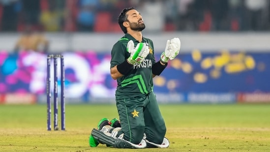 Pakistan's Mohammad Rizwan celebrates after scoring a century (100 runs) during the 2023 ICC Men's Cricket World Cup match against Sri Lanka at the Rajiv Gandhi International Stadium in Hyderabad(AFP)