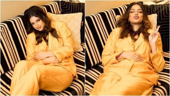 Former Miss Universe Harnaaz Sandhu delighted her fans with another peek into her sartorial picks by sharing pictures from a recent photoshoot. The star posted clicks of herself making goofy faces and lying on a couch while posing for the camera in a bright yellow pantsuit. 