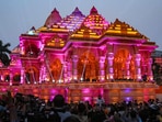 Organized by the Santosh Mitra Square Puja Committee, this unique pandal is modelled after the Ram Temple in Ayodhya.(PTI)