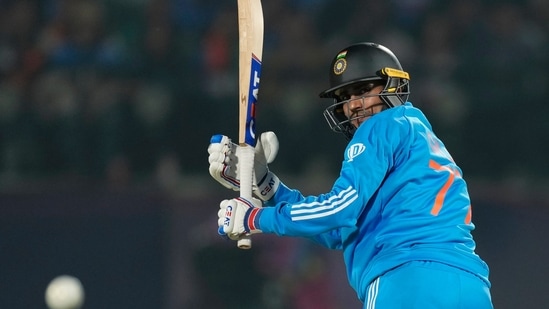 India's Shubman Gill plays a shot during the ICC Men's Cricket World Cup match between India and New Zealand in Dharamshala(AP)