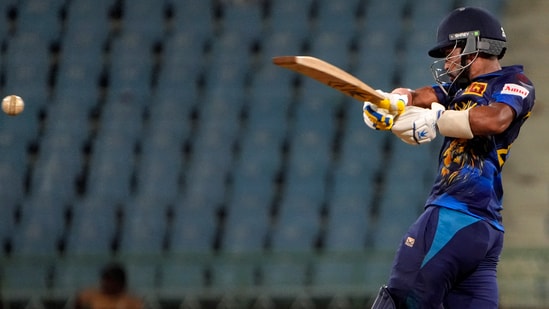 Sadeera Samarawickrama plays a shot during the ICC Men's Cricket World Cup 2023 match between Sri Lanka and Netherlands.(PTI)