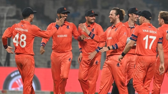 Netherlands celebrates the win against Bangladesh during ICC Men's Cricket World Cup 2023 match at Eden Garden(Hindustan Times/Samir Jana)