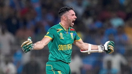 South Africa's Keshav Maharaj celebrates after winning the ICC Men's Cricket World Cup 2023 match against Pakistan, at MA Chidambaram Stadium, in Chennai(PTI)