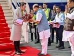 Guwahati, Nov 03 (ANI): Bhutan King Jigme Khesar Namgyel Wangchuck receives a warm welcome from Assam Chief Minister Himanta Biswa Sarma at the Guwahati airport during his first official visit to Assam, on Friday. (ANI Photo)(Arindam Bagchi Twitter)