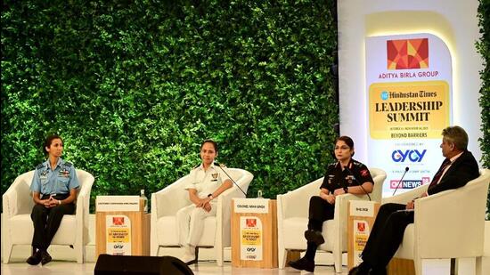 Women officers, Colonel Neha Singh, Group Captain Shaliza Dhami and Lieutenant Commander Annu Prakash during a session at the HT Leadership Summit in New Delhi on Saturday. (HT Photo)