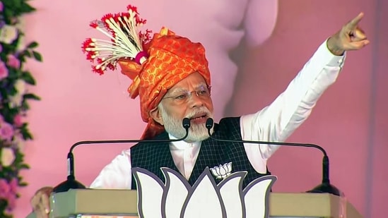“It's a heart-touching moment for me that I am addressing such a big rally and you all have turned out in large numbers at this time of the morning. I can't thank you enough for coming,” PM Modi said, expressing gratitude to the enthusiastic crowd.(ANI)
