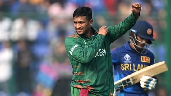 Bangladesh's captain Shakib Al Hasan gestures during the 2023 ICC Men's Cricket World Cup match vs Sri Lanka(AFP)