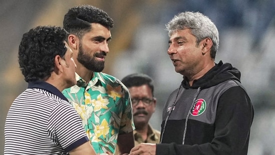 Cricket legend Sachin Tendulkar with Afghanistan team mentor Ajay Jadeja and batter Ibrahim Zardan at a practice session (PTI)